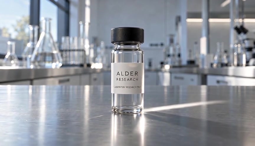 Illustrative laboratory vial on a clean research bench; concept imagery, not product photography.